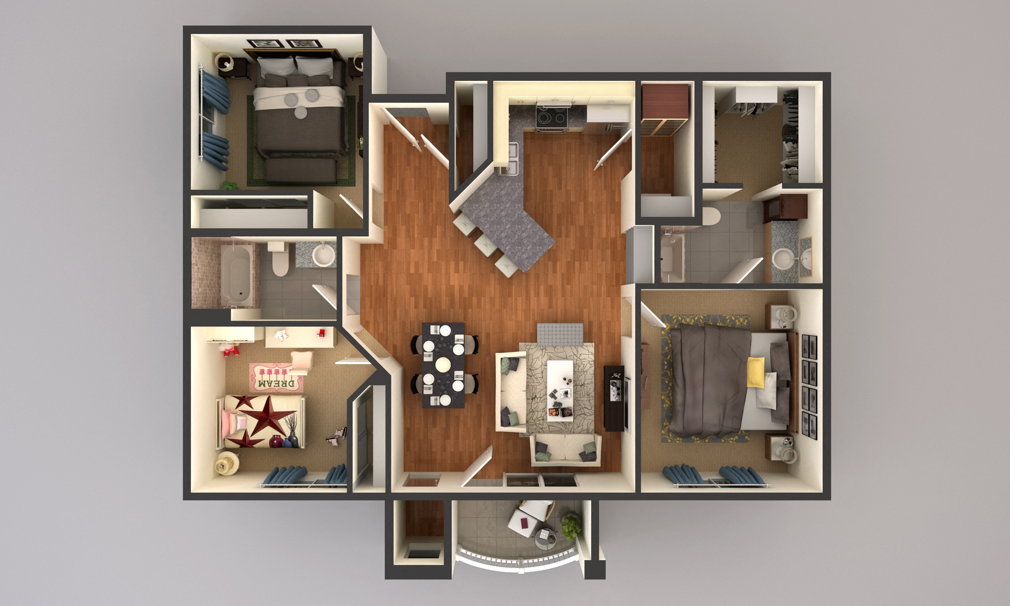 Floor plan for 3 beds, 2 baths, 1319 sqft